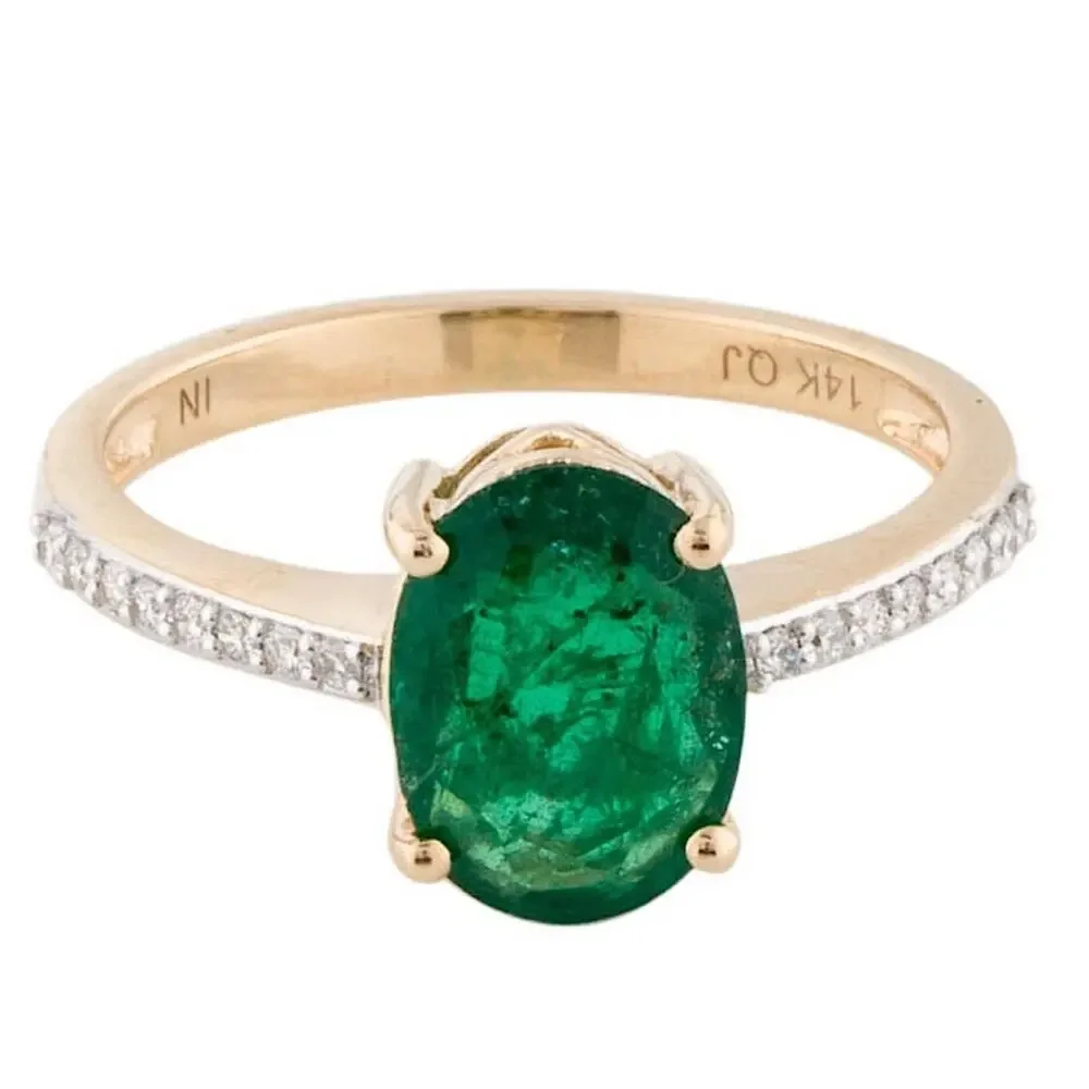 14K Yellow Gold 1.27ct Oval Emerald & 0.12 ct Diamond Cocktail Ring Size: 7 New